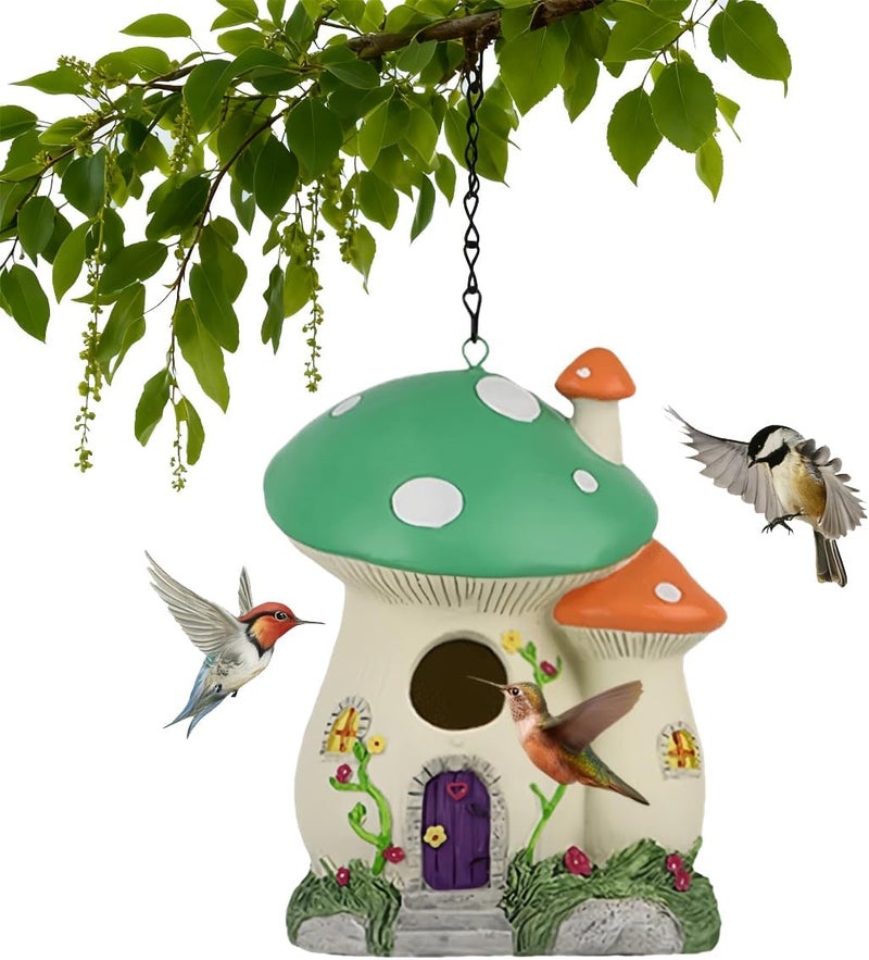Bltnever Garden Bird House for Outdoors, Clearance Hanging Birds Nesting Box, Decorative Mushroom Cute Resin Birdhouse for Outside Indoors Garden Backyard Decor, Gifts for Bird Lovers (Green, Medium Size) - Image 1